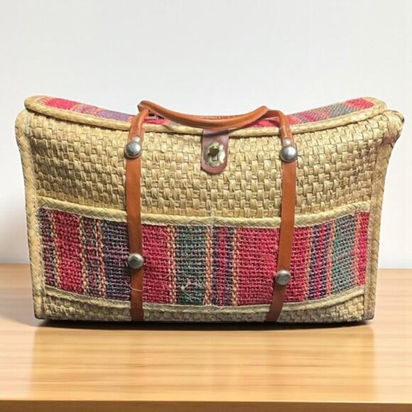 Vintage Handwoven Straw Travel Bag Bohemian Leather Strap Carry All - Picture 1 of 11